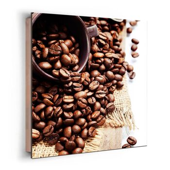 Affiche design sur bois/panneau déco : grains de café 30x30cm, tableau, fresque, décoration murale 3