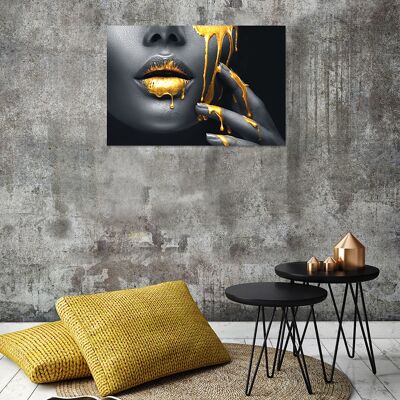 Affiche design sur bois/panneau déco : Golden Lips 90x60cm, tableau, murale, décoration murale