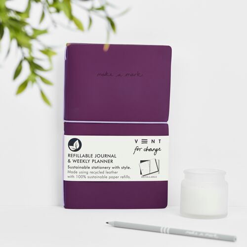 Weekly Planner / Journal Recycled Leather Refillable- Purple