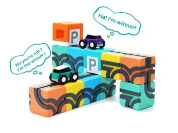 QBI Toy Kit d'extension pour 2 voitures et 2 garages, compatible avec les séries pour enfants et préscolaires, tuiles de construction magnétiques, construction de blocs magnétiques colorés 3D, jouets éducatifs STEM, jeu Montessori (article n° 207, 4 pièces) 9
