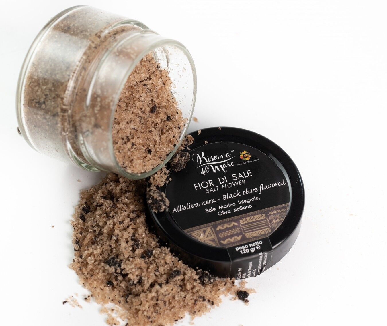 Fior di sale flavored with black olives, Slow Food Presidium 120g.