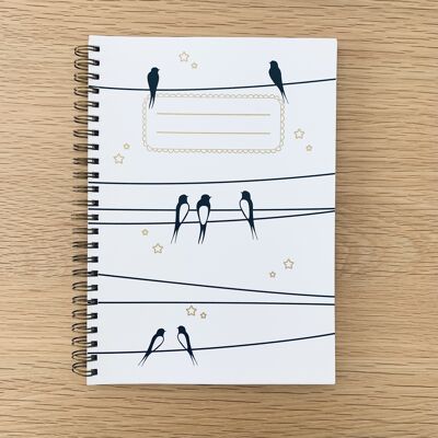 A5 spiral notebook - Swallows on a wire - White sky