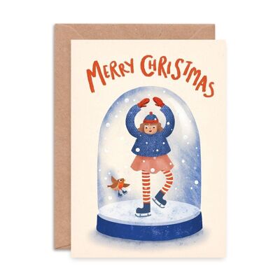 Cartolina di Natale del globo di neve del pattinatore sul ghiaccio