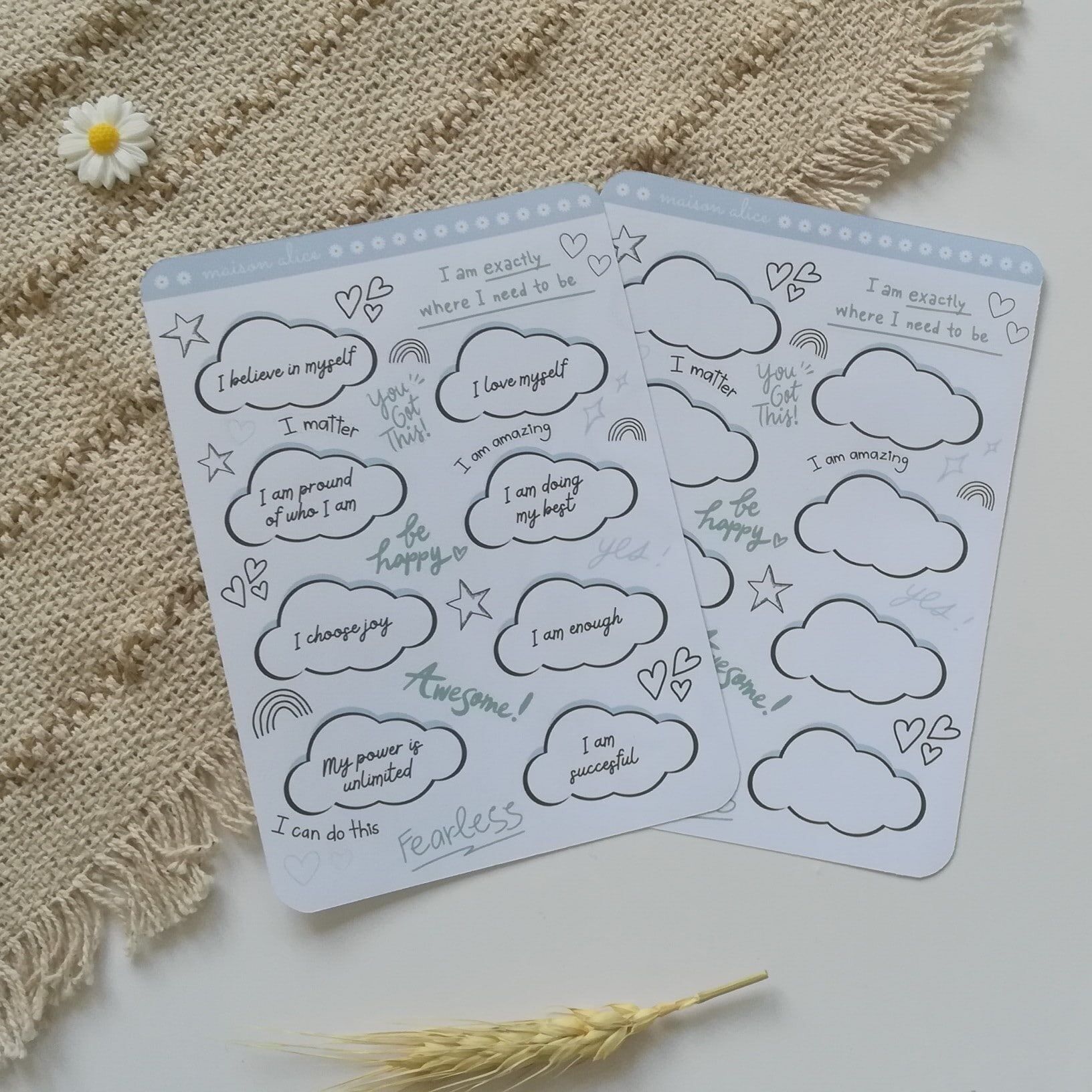 Hoja de calcomanías adhesivas de afirmación positiva