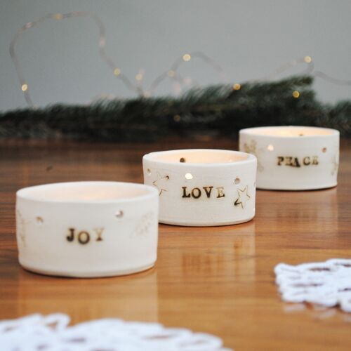 Christmas Tea Light Holders - Peace Joy Love - Set Of Three