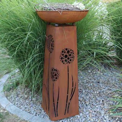 Edelrost Gartendeko Säule mit Pusteblume Motiv und Blumenschale mit 53 cm