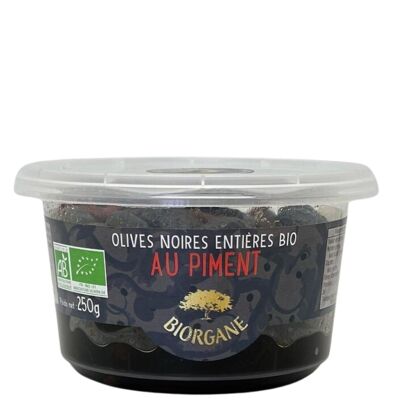 Organic whole black olives with chilli in 100% recyclable jar