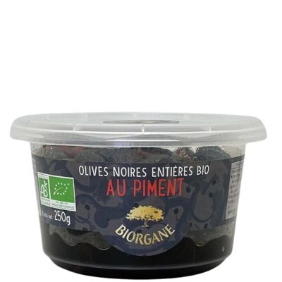 Olives noires entières bio au piment en pot 100% recyclable