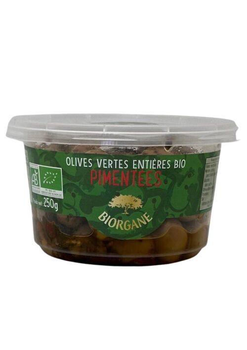 Olives vertes entières bio pimentées en pot 100% recyclable