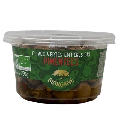 Organic whole green olives with spices in a 100% recyclable jar