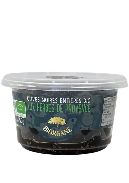 Olives noires entières bio aux herbes de Provence en pot 100% recyclable