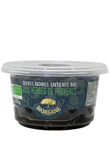Olives noires entières bio aux herbes de Provence en pot 100% recyclable 1