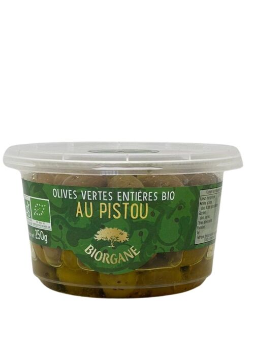 Olives vertes entières bio au pistou en pot 100% recyclable