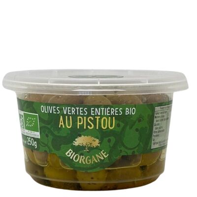 Organic whole green olives with pesto in a 100% recyclable jar