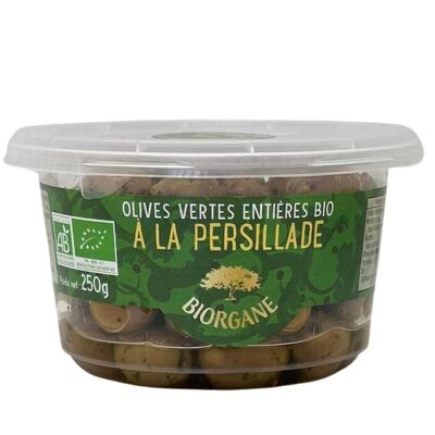 Organic whole green olives with parsley in a 100% recyclable jar