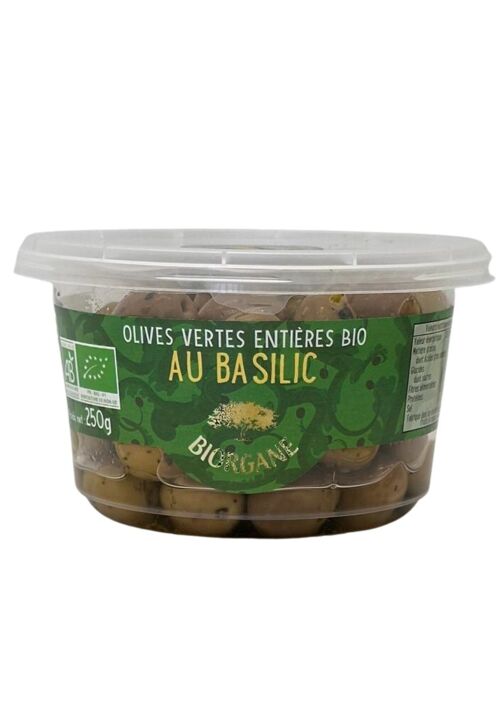 Olives vertes entières bio au basilic en pot 100% recyclable