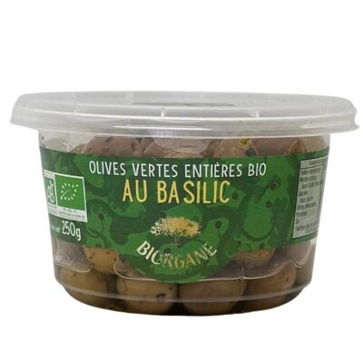 Organic whole green olives with basil in 100% recyclable jar