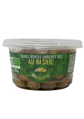 Olives vertes entières bio au basilic en pot 100% recyclable 1
