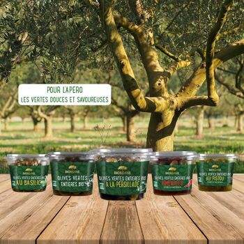 Olives vertes entières bio au basilic en pot 100% recyclable 2