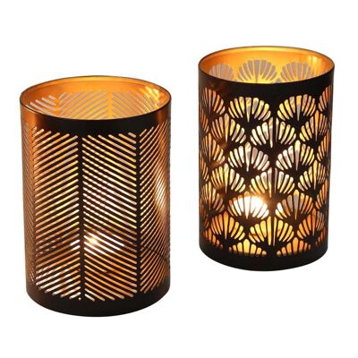 Oriental lantern Lucca set of 2 leaf motif tea light holders black round