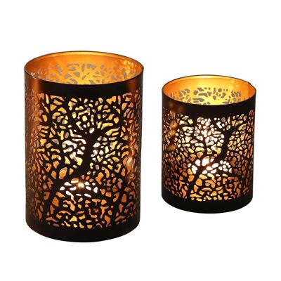 Oriental lantern Ancona set of 2 with forest motif tea light holder black round