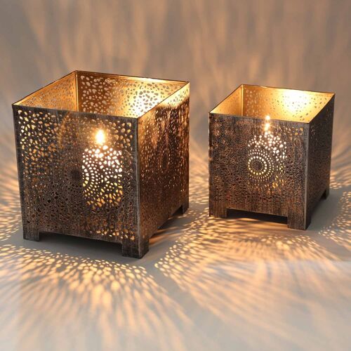 Orientalisches Windlicht Fez 2er Set in Antik Silber Look marokkanischer Stil Teelichthalter
