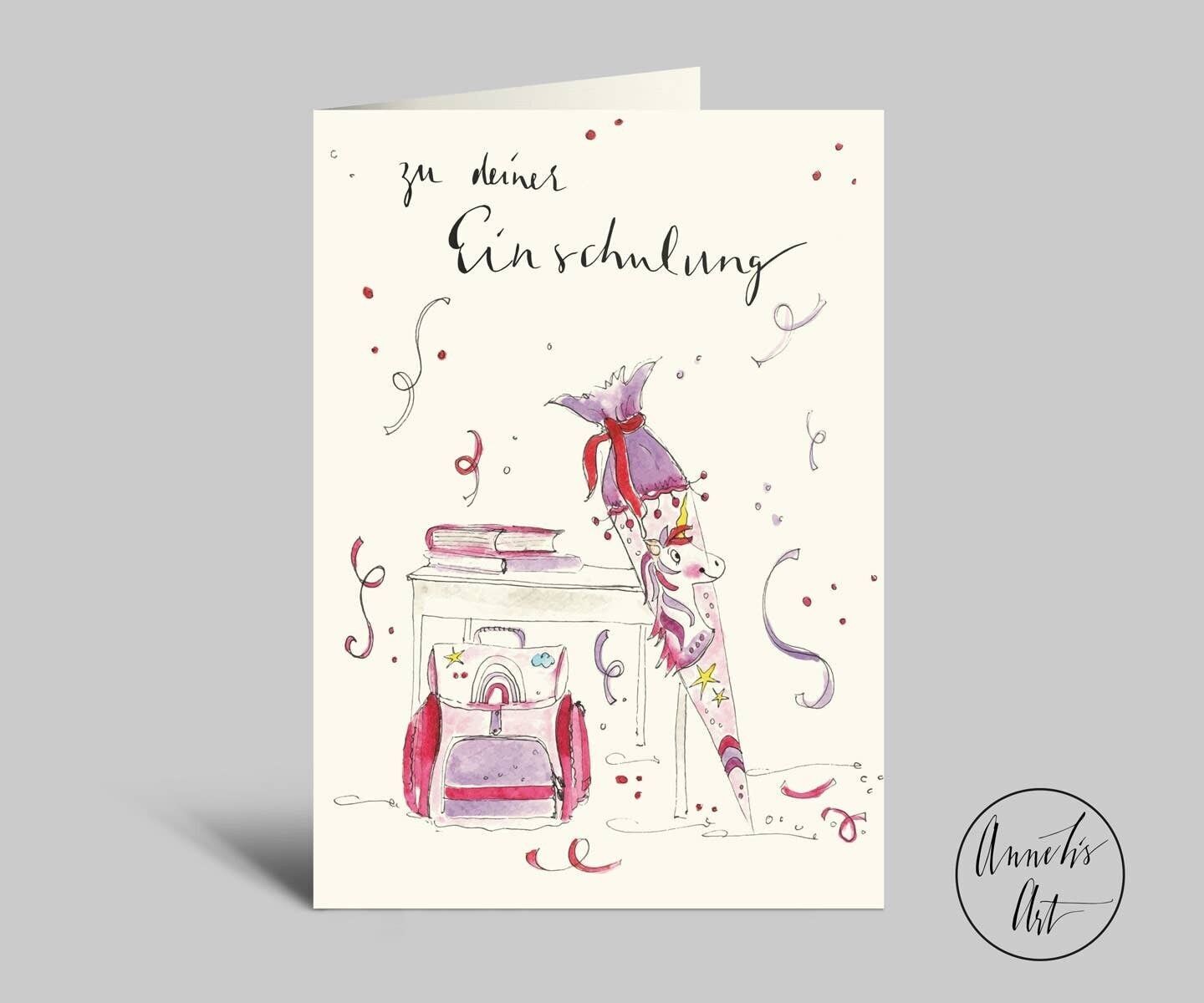 School enrollment card with unicorn and school cone