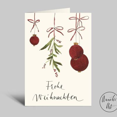 FELIZ NAVIDAD | Tarjeta de Navidad con adornos y muérdago | Tarjeta plegable para Navidad.