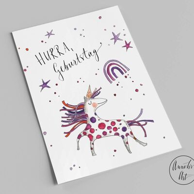 tarjeta de cumpleaños | ¡Hurra cumpleaños | Postal Unicornio A6