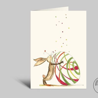 Tarjeta de Pascua | Conejito con huevo de Pascua gigante de colores | Tarjeta doblada con sobre