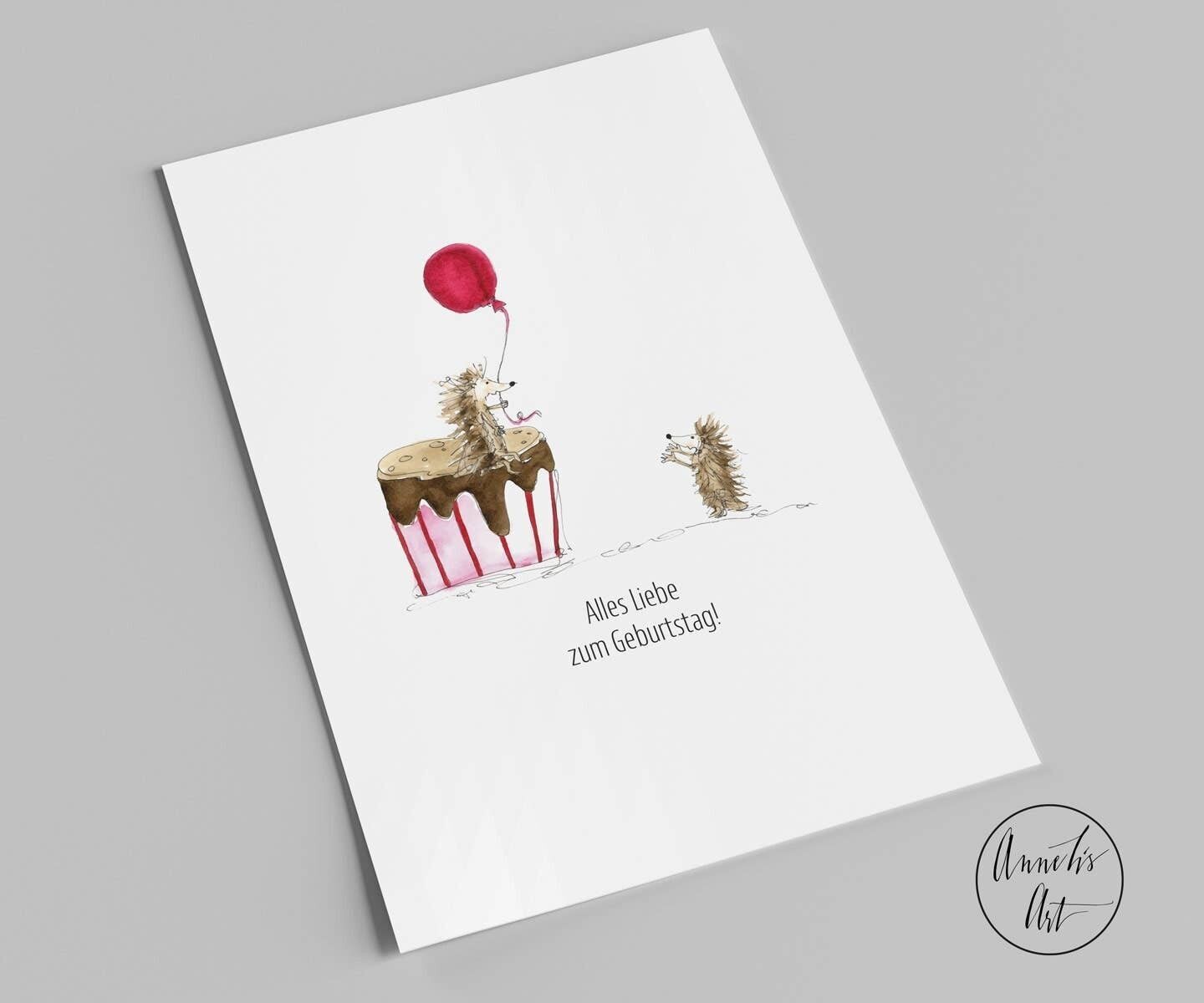 Cartolina | Buon compleanno | riccio e torta | Biglietto d'auguri A6