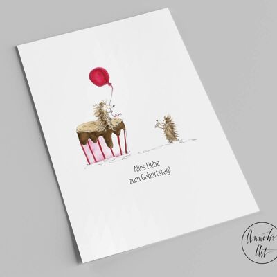 Postkarte | Alles Liebe zum Geburtstag | Igel und Torte | Geburtstagskarte A6