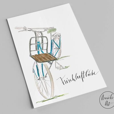 Carte postale | L'amour de l'air frais avec le vélo | vélo cargo bleu