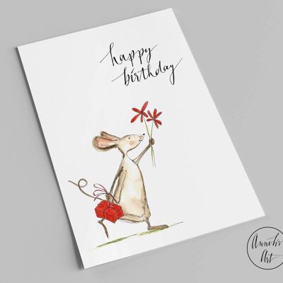 Carte postale | carte d'anniversaire | joyeux anniversaire | Souris avec cadeau et fleurs