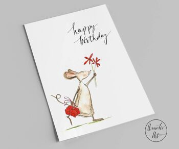 Carte postale | carte d'anniversaire | joyeux anniversaire | Souris avec cadeau et fleurs 1