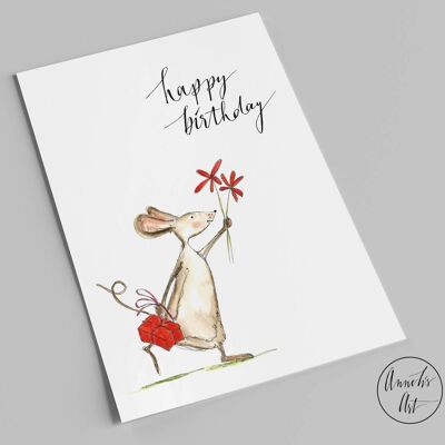 postal | tarjeta de cumpleaños | feliz cumpleaños | Ratón con regalo y flores.