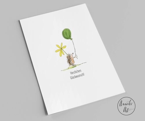 Postkarte | Herzlichen Glückwunsch | Igel mit Ballon | Glückwunschkarte A6