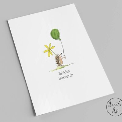 Postcard | Congratulations | hedgehog with balloon | Greeting card A6