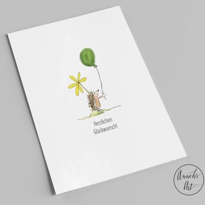 Postcard | Congratulations | hedgehog with balloon | Greeting card A6