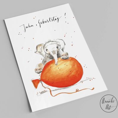 Postcard | Yay, birthday! | elephant with balloon | Birthday card A6