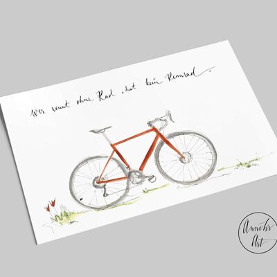Postal | Bicicleta de carreras con el lema "Quién corre sin bicicleta..."