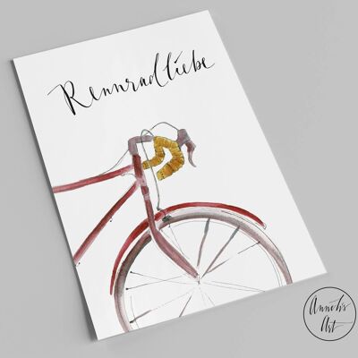Postal | amor en bicicleta de carretera | bicicleta de carreras roja