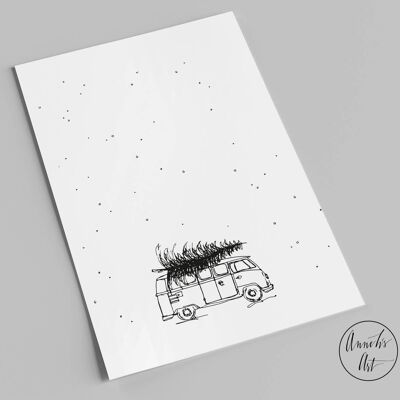 Cartolina | Cartolina di Natale Vanlife | Bulli con albero di Natale