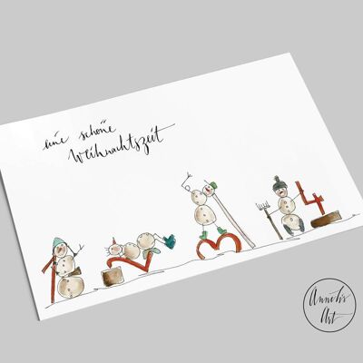 Carte postale | Carte de Noël | quatre drôles de bonhommes de neige