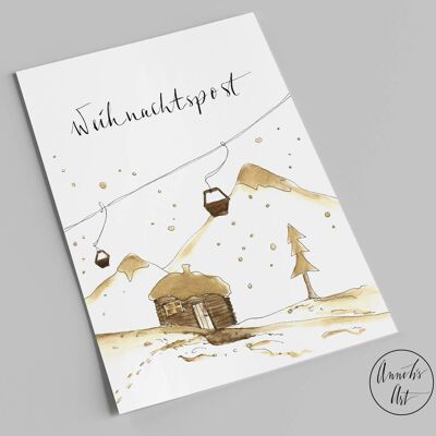 Weihnachtspost | Weihnachtskarte | Blockhütte und Skilift | Postkarte A6
