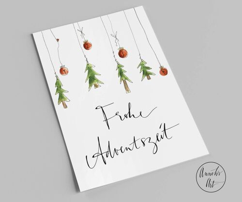 Weihnachtskarte | Frohe Adventszeit | vier Kugeln und vier Bäumchen | Postkarte A6
