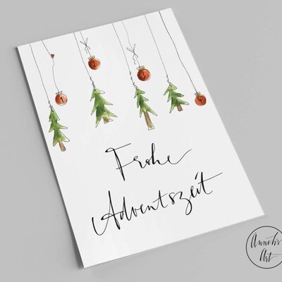 Weihnachtskarte | Frohe Adventszeit | vier Kugeln und vier Bäumchen | Postkarte A6