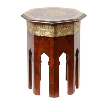 Table d'appoint orientale en bois Meena octogonale marron doré ornée de laiton 5