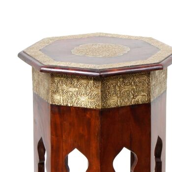 Table d'appoint orientale en bois Meena octogonale marron doré ornée de laiton 6