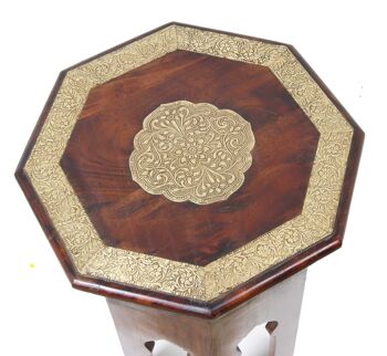 Table d'appoint orientale en bois Meena octogonale marron doré ornée de laiton 7